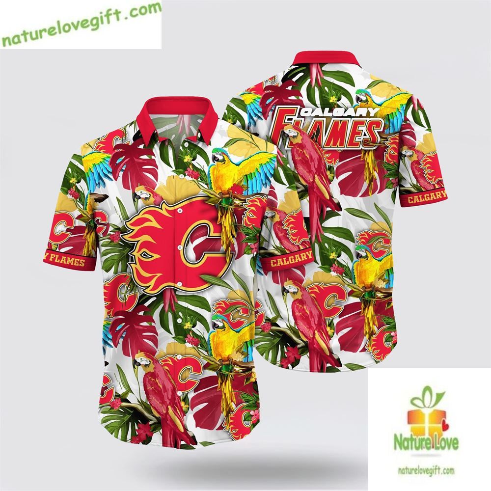 Calgary Flames Hawaiian Tropical Parrot Summer Fan - Adult & Kids T-Shirts, Sweatshirts & Hoodies apparel design preview 1