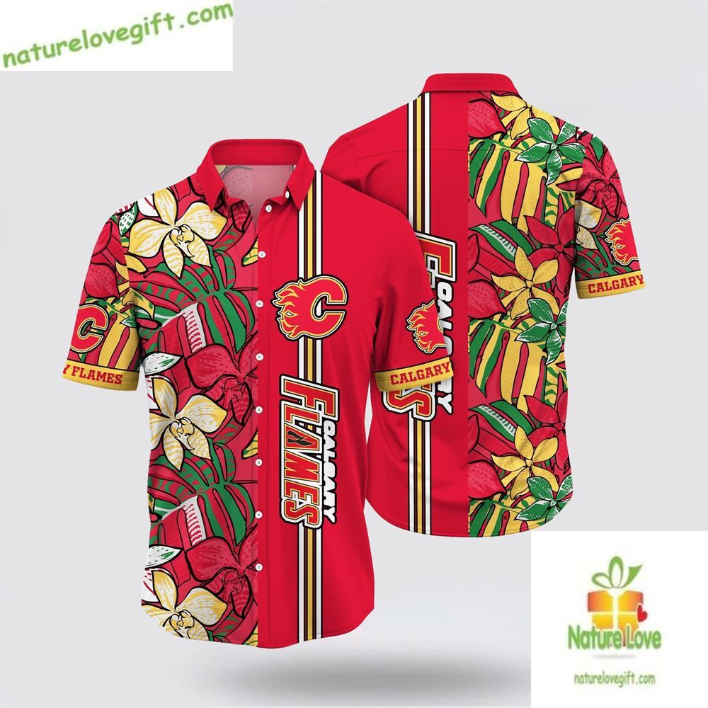 Calgary Flames Hawaiian Tropical Floral Summer Fan - Adult & Kids T-Shirts, Sweatshirts & Hoodies apparel design preview 1