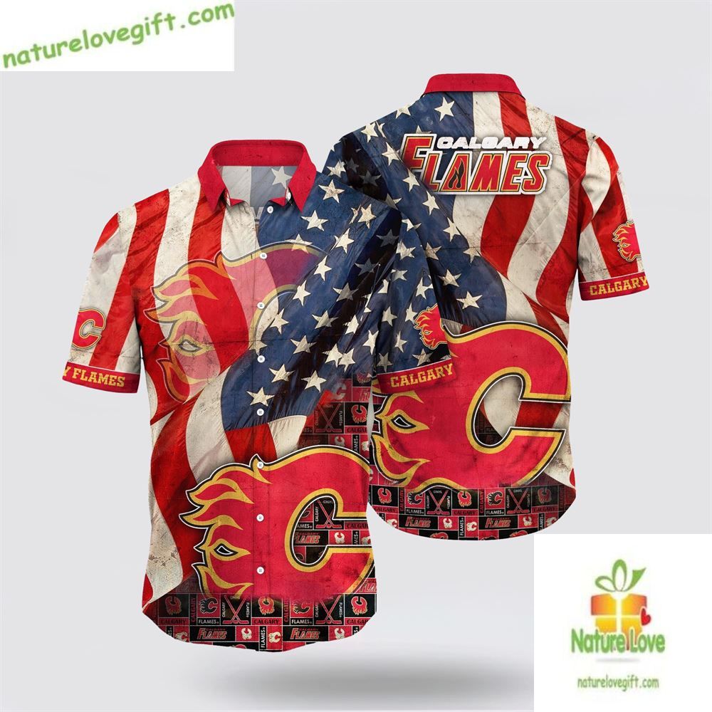 Calgary Flames NHL Hawaiian American Flag Summer - Adult & Kids T-Shirts, Sweatshirts & Hoodies apparel design preview 1