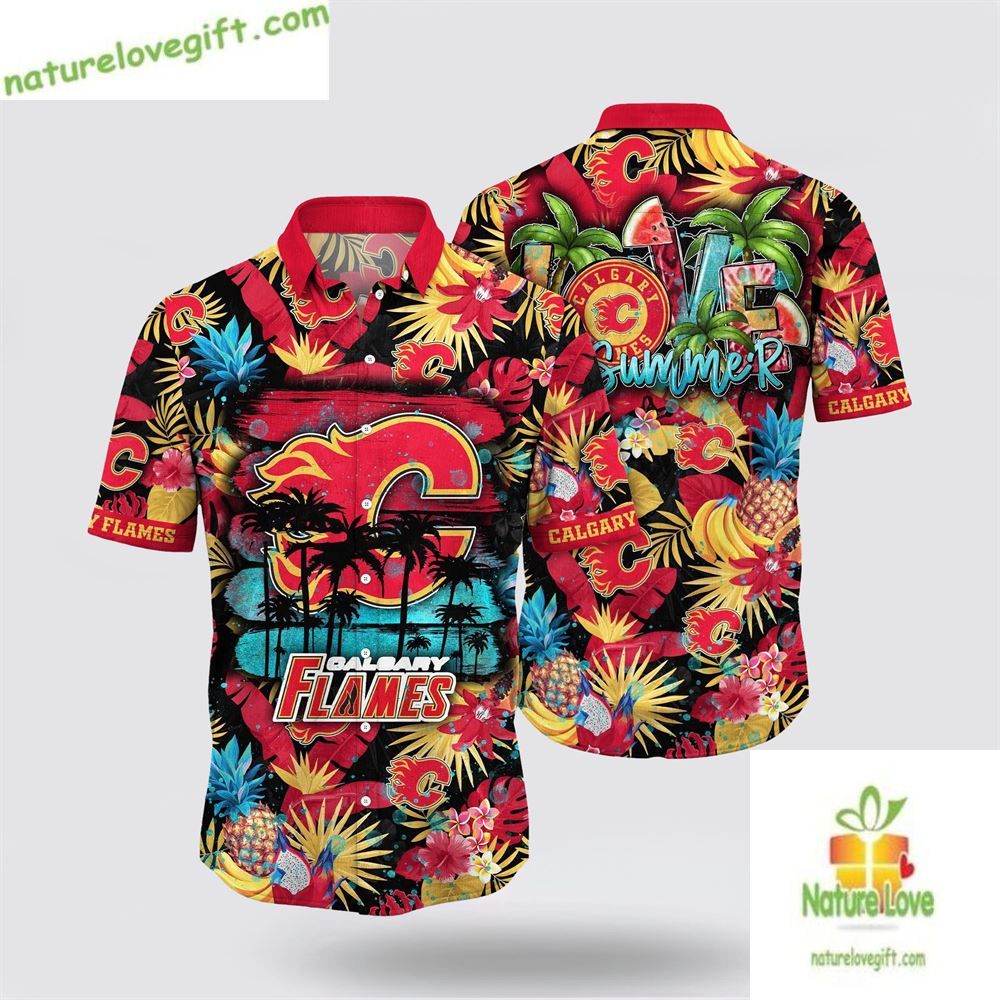 Calgary Flames NHL Hawaiian Tropical Summer Fan Gear - Adult & Kids T-Shirts, Sweatshirts & Hoodies apparel design preview 1