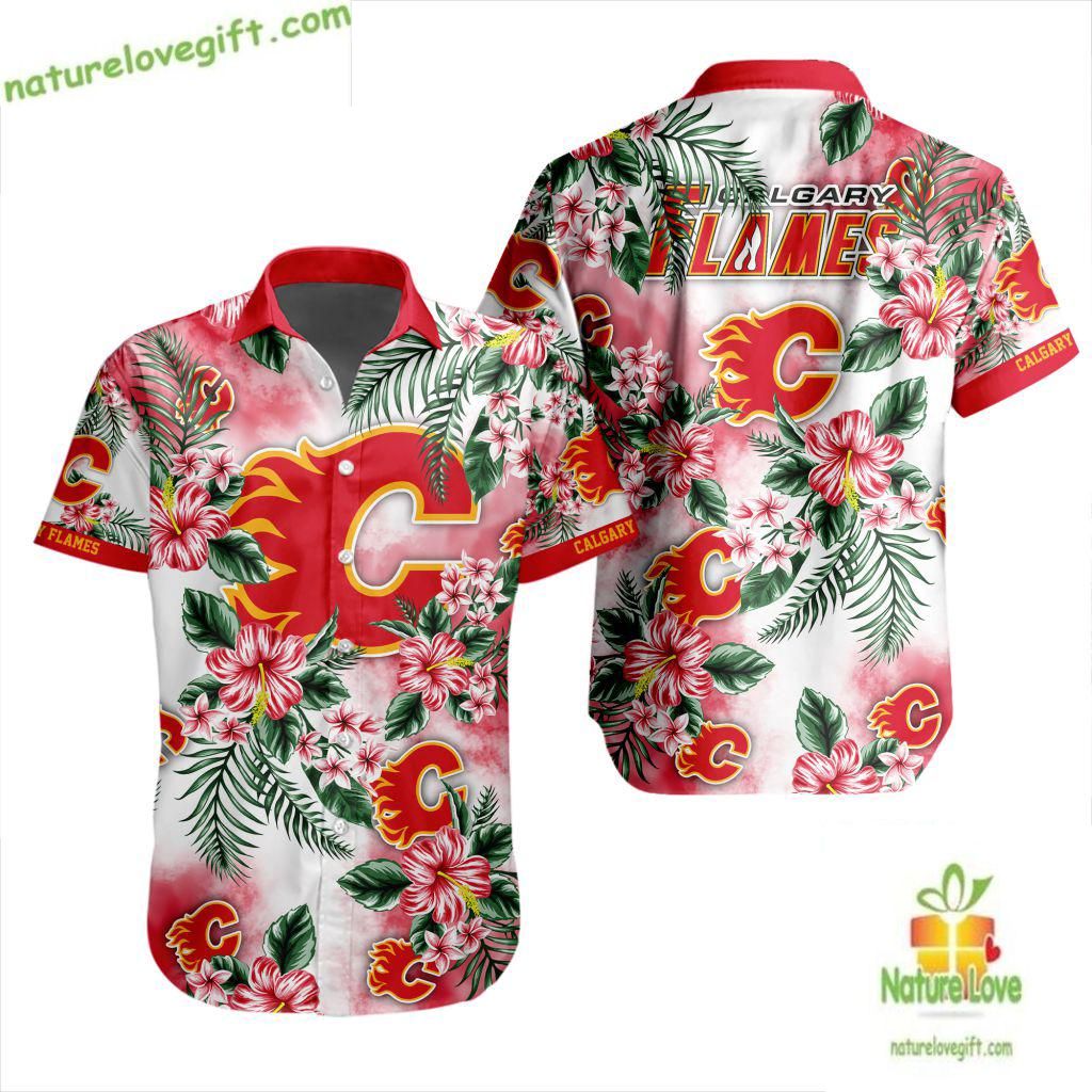 Calgary Flames Hawaiian Tropical Floral Button Up - Adult & Kids T-Shirts, Sweatshirts & Hoodies apparel design preview 1
