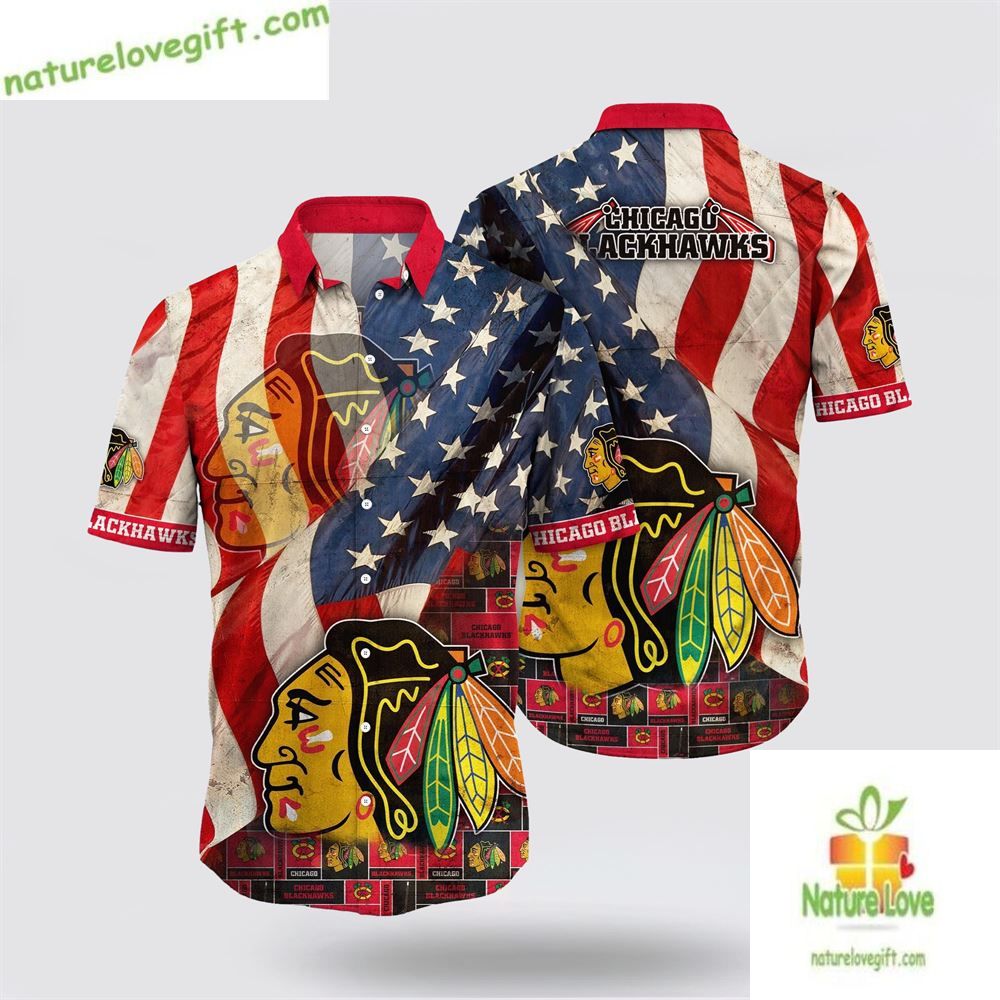 Chicago Blackhawks Hawaiian American Flag Aloha - Adult & Kids T-Shirts, Sweatshirts & Hoodies apparel design preview 1