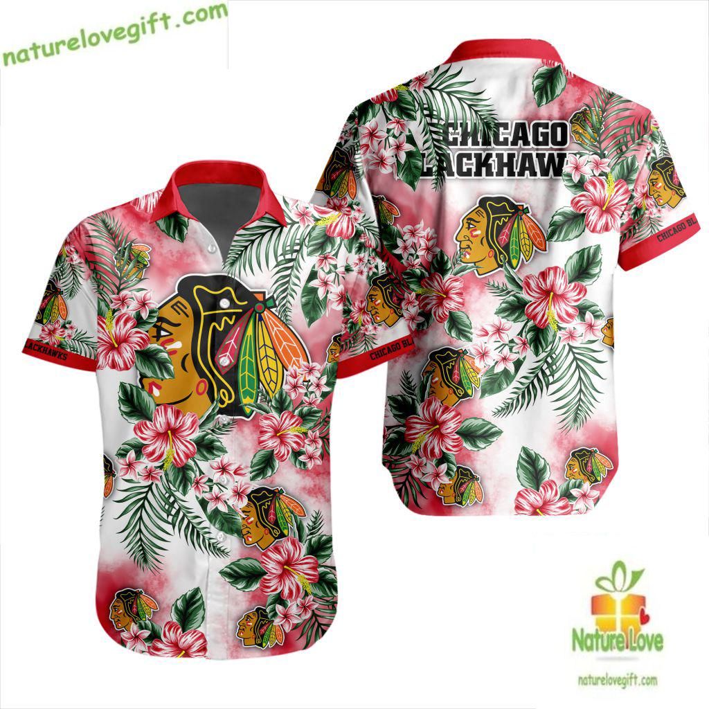 Blackhawks Hawaiian Tropical Hockey Button Up - Adult & Kids T-Shirts, Sweatshirts & Hoodies apparel design preview 1