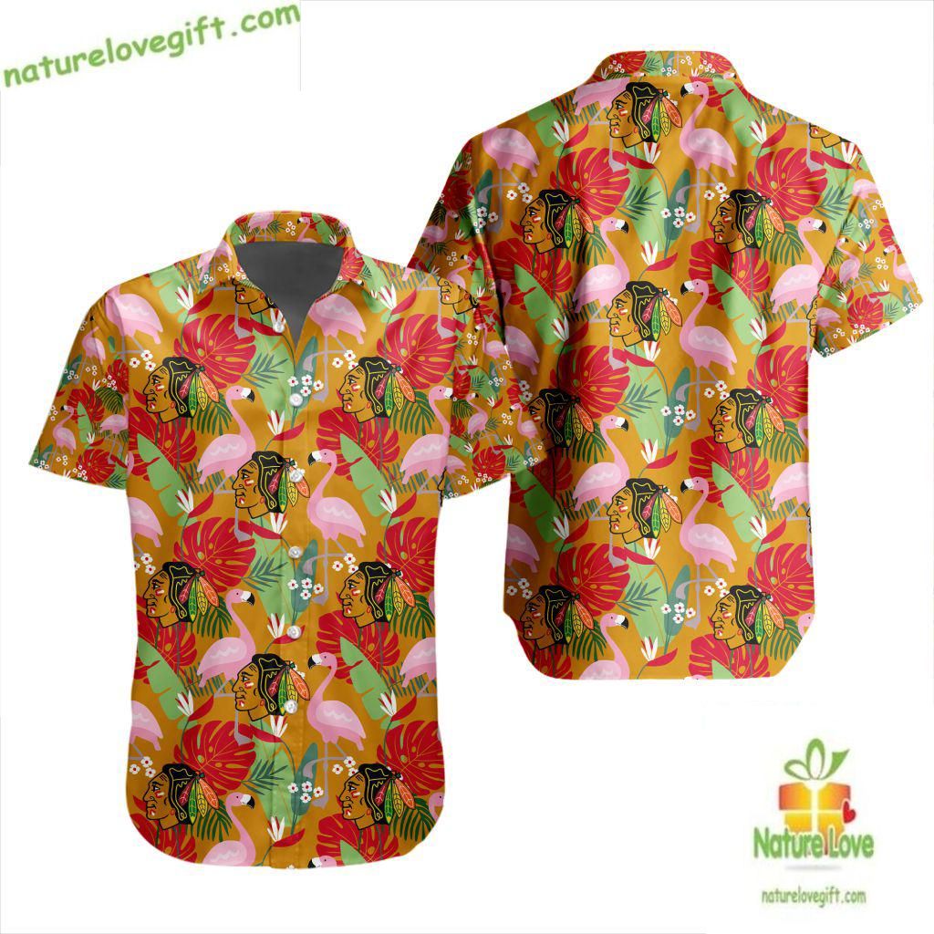 Chicago Blackhawks Hawaiian Flamingo Button Up - Adult & Kids T-Shirts, Sweatshirts & Hoodies apparel design preview 1