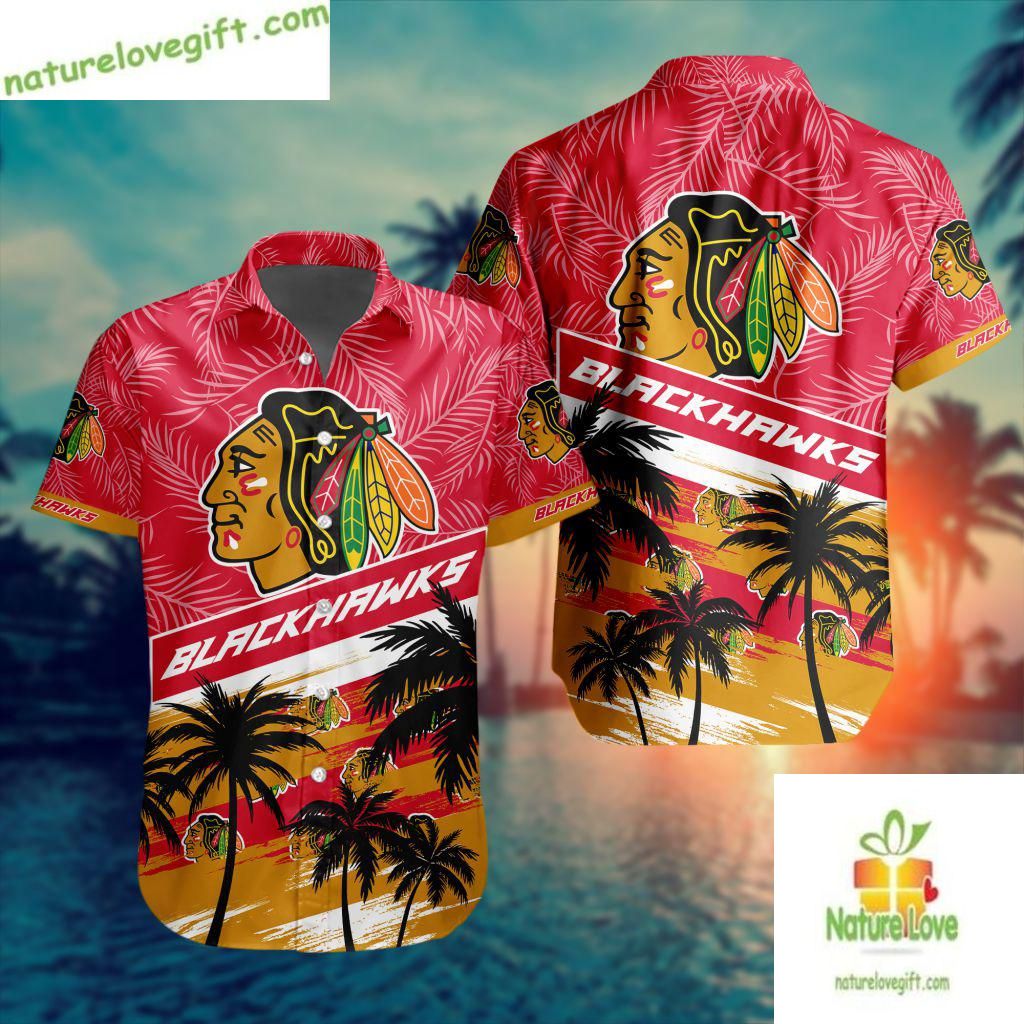 Chicago Blackhawks Hawaiian Palm Tree Button Up Aloha - Adult & Kids T-Shirts, Sweatshirts & Hoodies apparel design preview 1