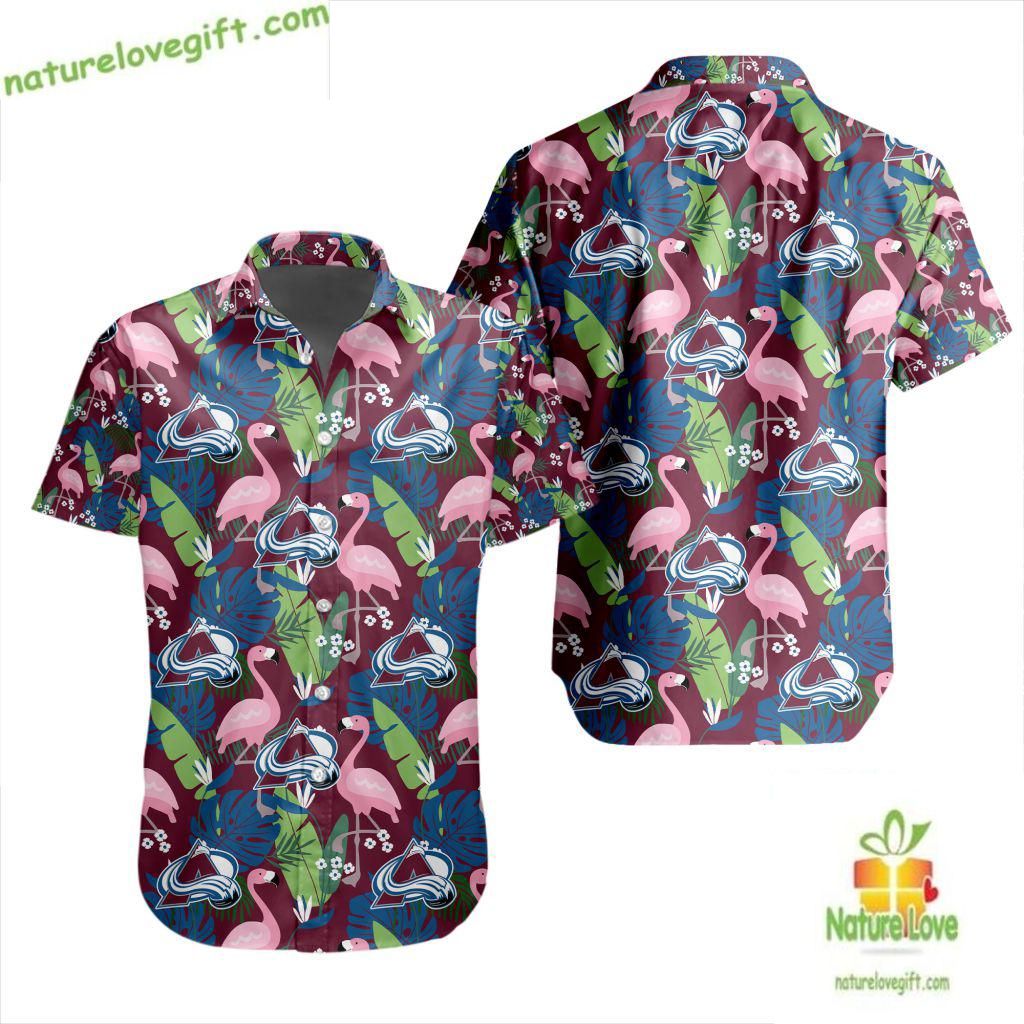 Colorado Avalanche Hawaiian Flamingo Button Up - Adult & Kids T-Shirts, Sweatshirts & Hoodies apparel design preview 1