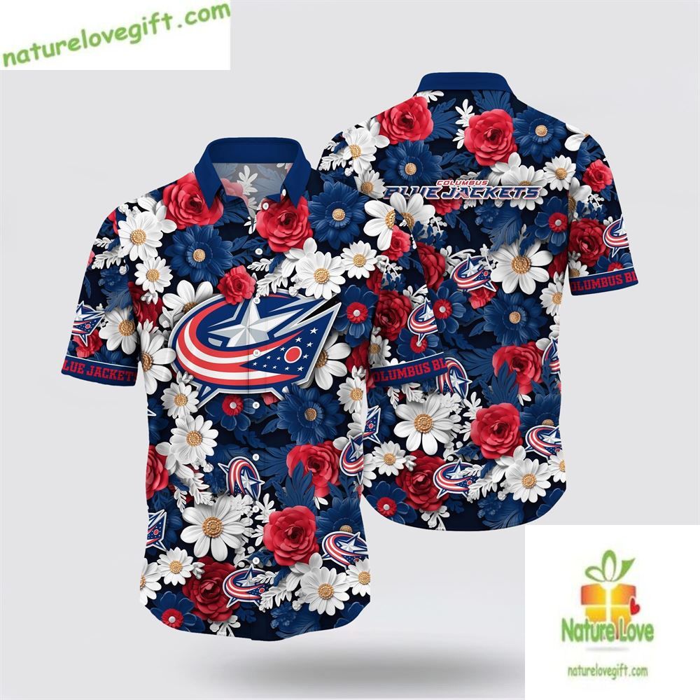 Columbus Blue Jackets Hawaiian Tropical Begonia - Adult & Kids T-Shirts, Sweatshirts & Hoodies apparel design preview 1