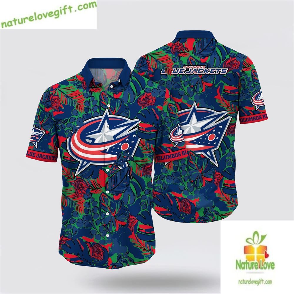 Columbus Blue Jackets Hawaiian Tropical Leaf Summer - Adult & Kids T-Shirts, Sweatshirts & Hoodies apparel design preview 1