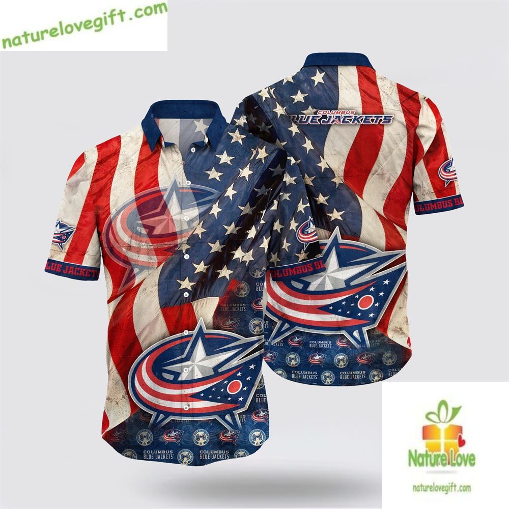 Columbus Blue Jackets Hawaiian American Flag Summer - Adult & Kids T-Shirts, Sweatshirts & Hoodies apparel design preview 1