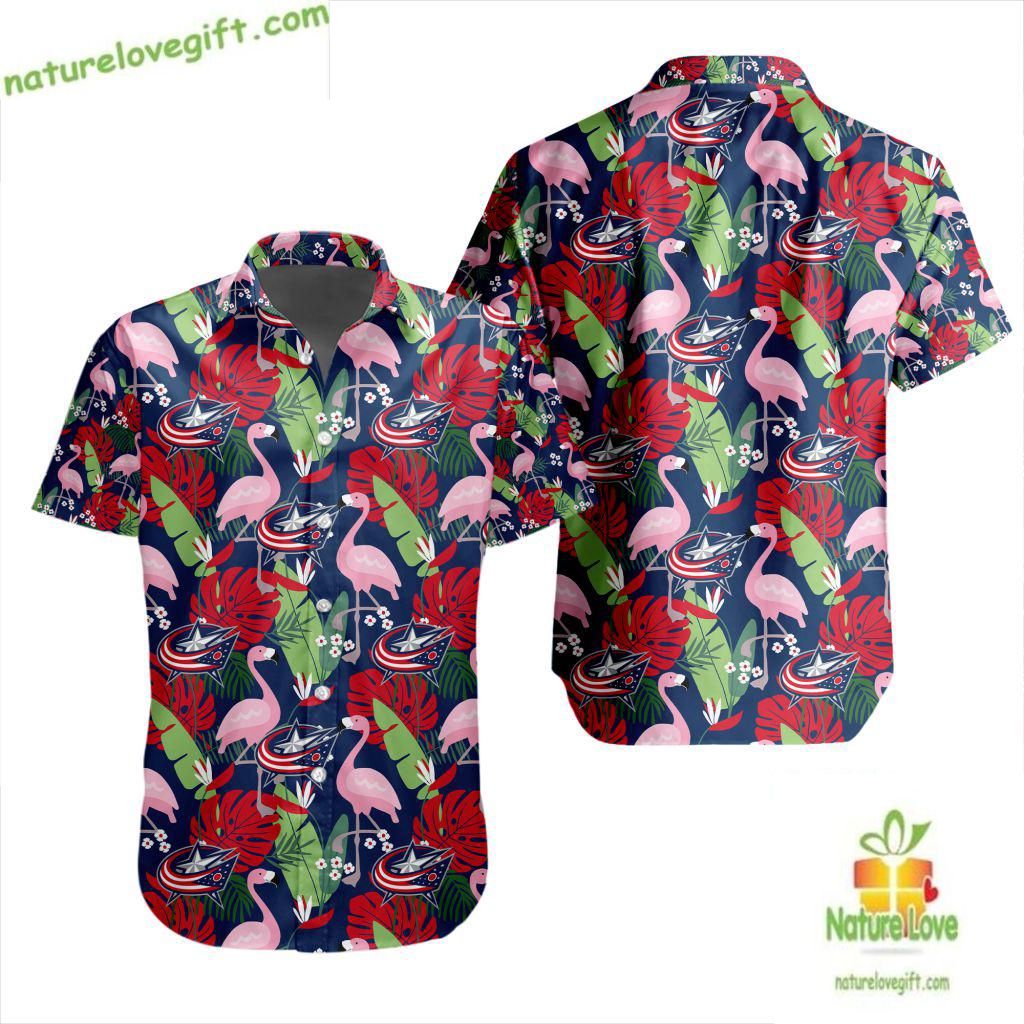 Columbus Blue Jackets Hawaiian Flamingo Button Up - Adult & Kids T-Shirts, Sweatshirts & Hoodies apparel design preview 1