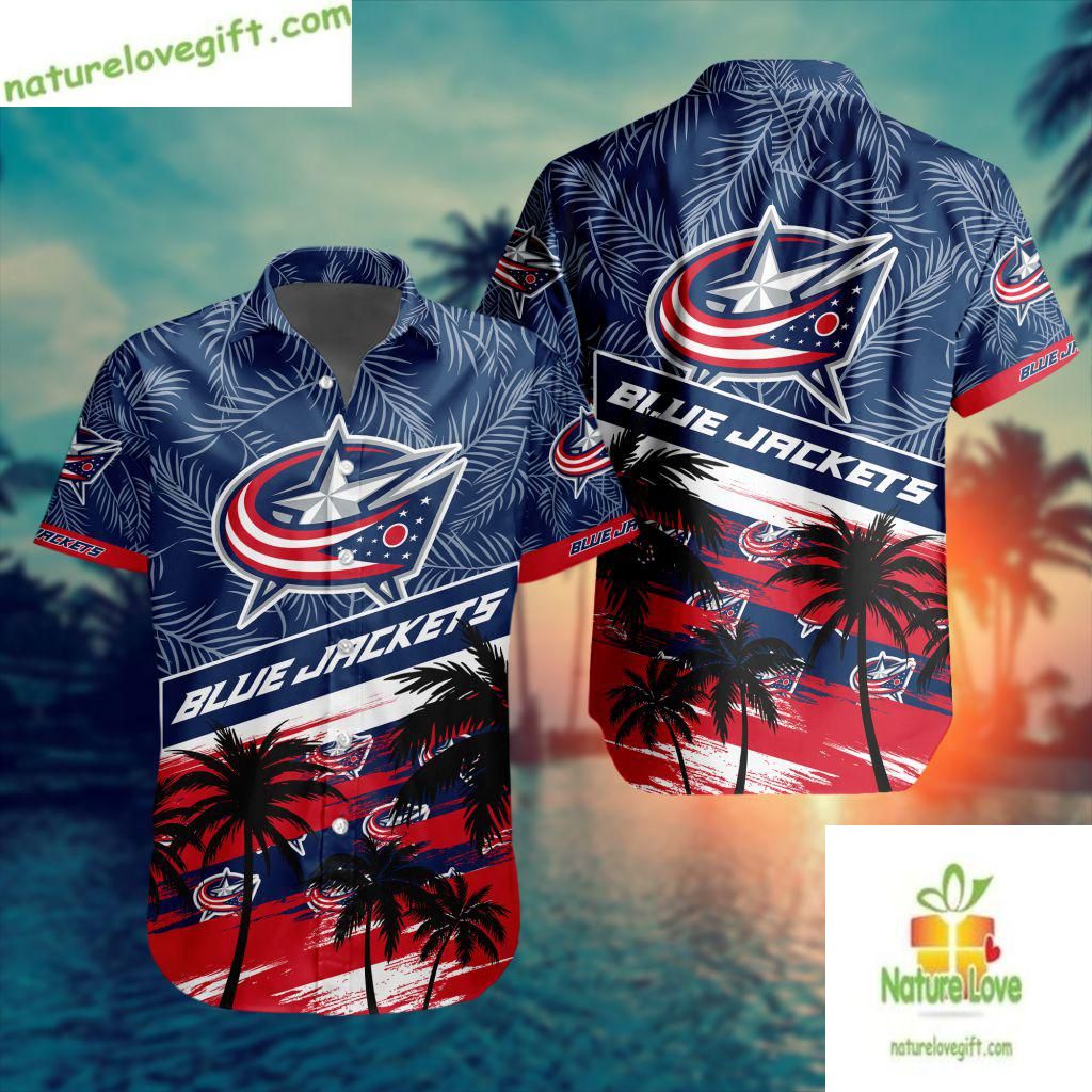 Columbus Blue Jackets Hawaiian Palm Tree Button Down - Adult & Kids T-Shirts, Sweatshirts & Hoodies apparel design preview 1