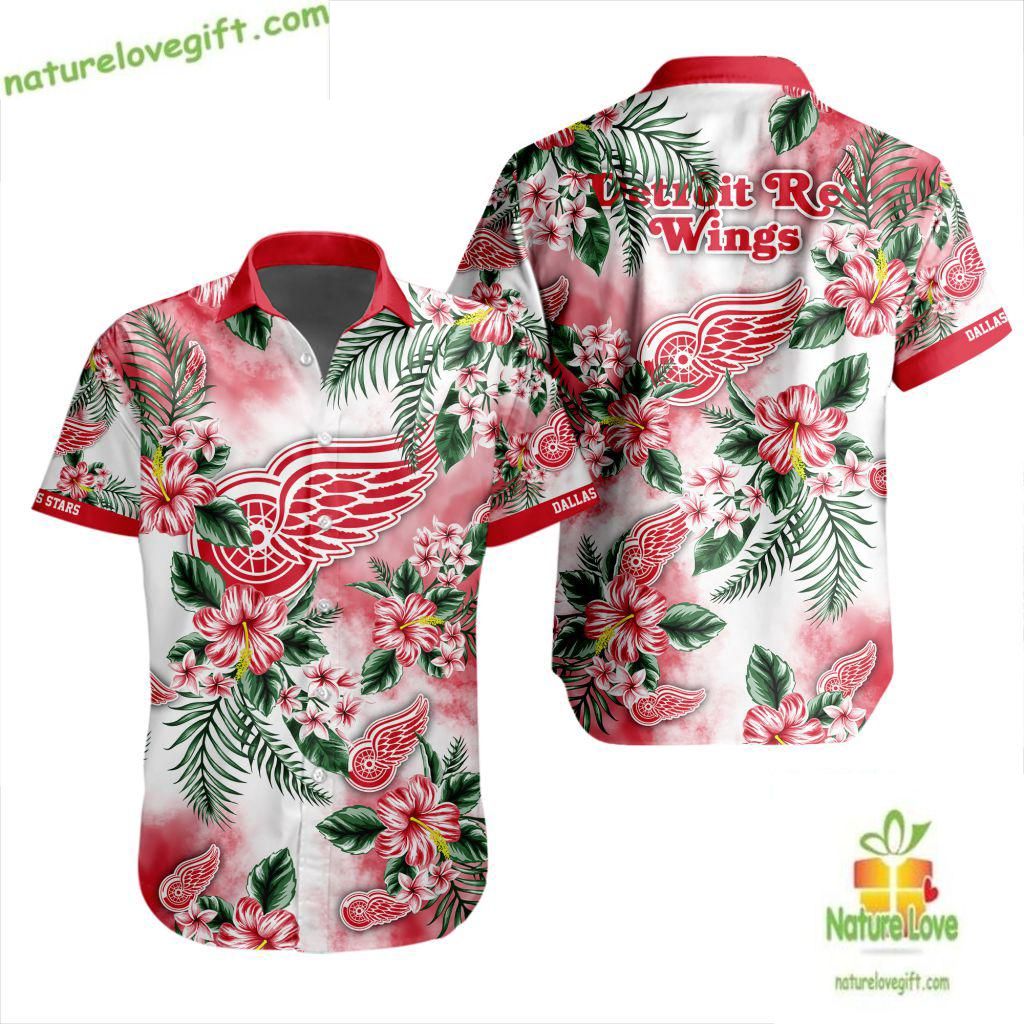 Detroit Red Wings Hawaiian Tropical Hockey Button Up - Adult & Kids T-Shirts, Sweatshirts & Hoodies apparel design preview 1