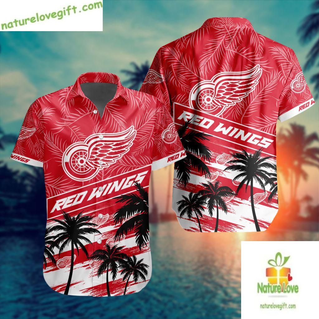 Detroit Red Wings Hawaiian Palm Tree Button Up Aloha - Adult & Kids T-Shirts, Sweatshirts & Hoodies apparel design preview 1