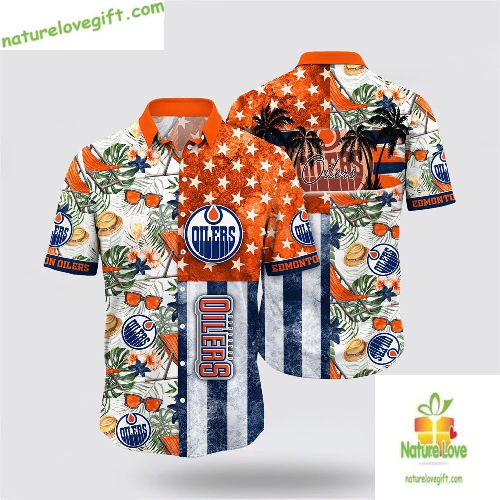 Edmonton Oilers Hawaiian with Tropical Hat and Summer - Adult & Kids T-Shirts, Sweatshirts & Hoodies apparel design preview 1