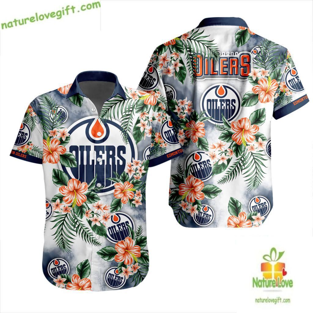 Edmonton Oilers Hawaiian Tropical Floral Button Up - Adult & Kids T-Shirts, Sweatshirts & Hoodies apparel design preview 1