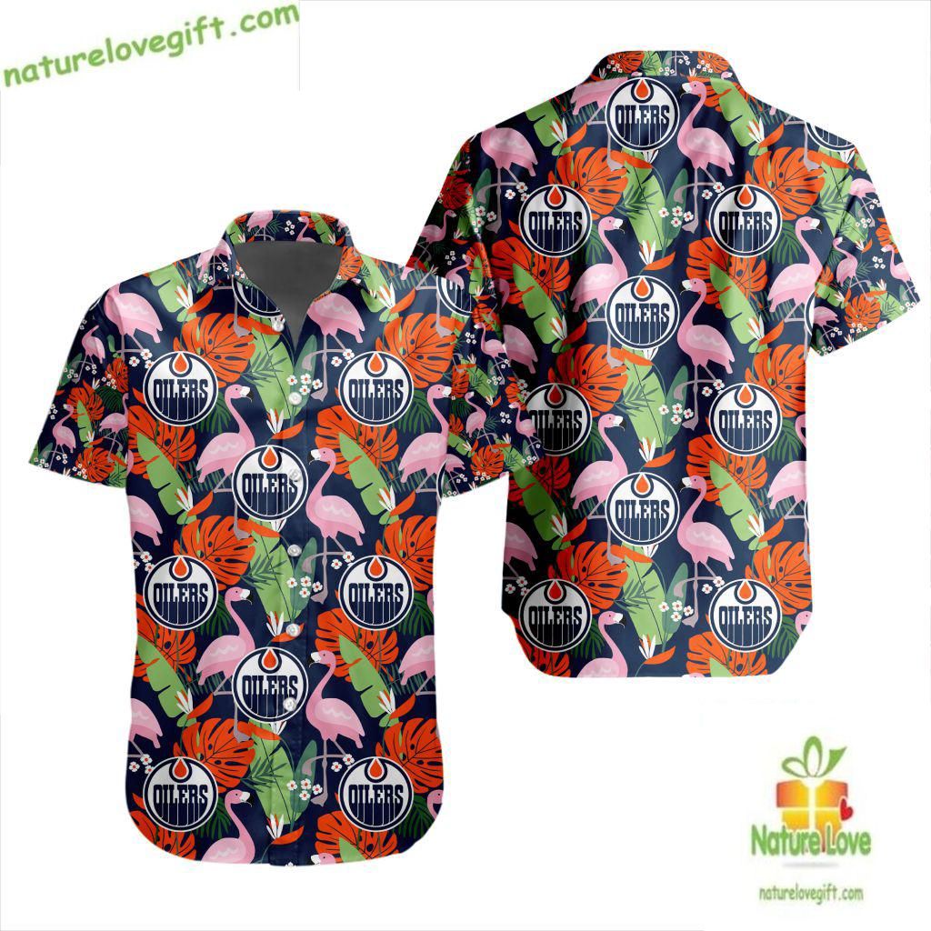 Edmonton Oilers Hawaiian Flamingo Button Up Aloha - Adult & Kids T-Shirts, Sweatshirts & Hoodies apparel design preview 1