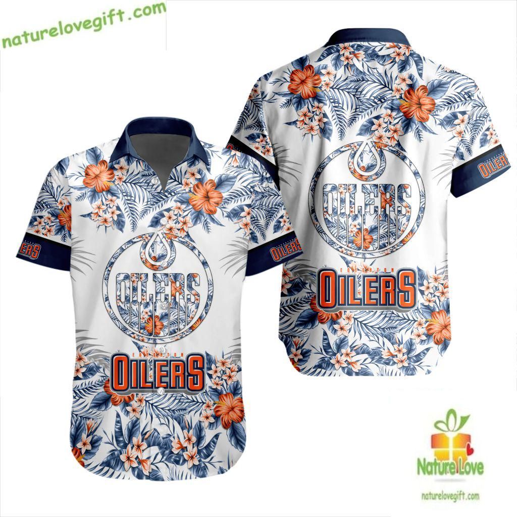 Edmonton Oilers Hawaiian Tropical Floral Button Up - Adult & Kids T-Shirts, Sweatshirts & Hoodies apparel design preview 1
