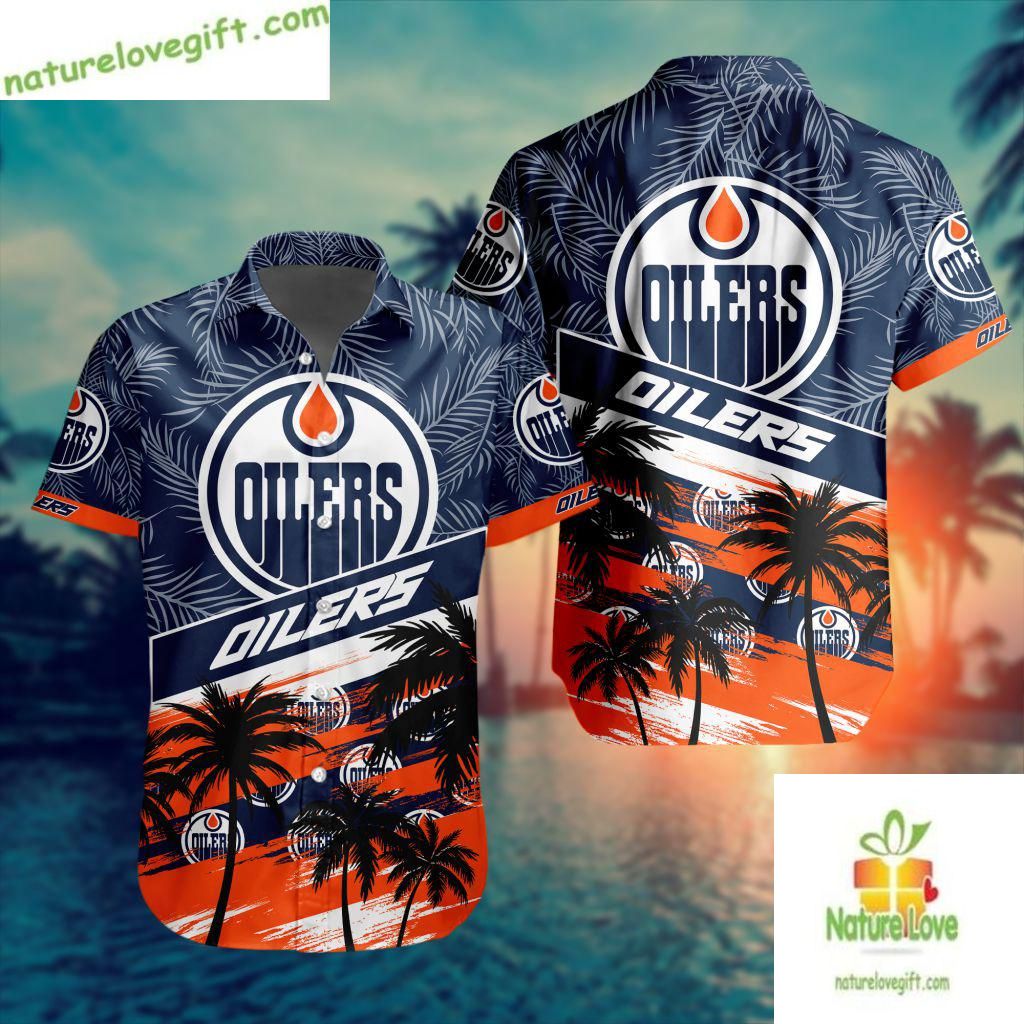 Edmonton Oilers Hawaiian Palm Tree Button Up - Adult & Kids T-Shirts, Sweatshirts & Hoodies apparel design preview 1