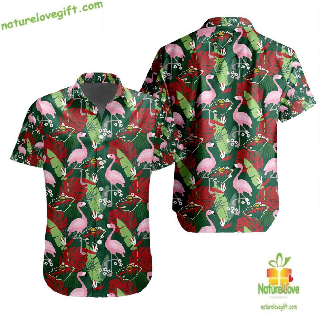 Minnesota Wild Hawaiian Flamingo Button Up - Adult & Kids T-Shirts, Sweatshirts & Hoodies apparel design preview 1