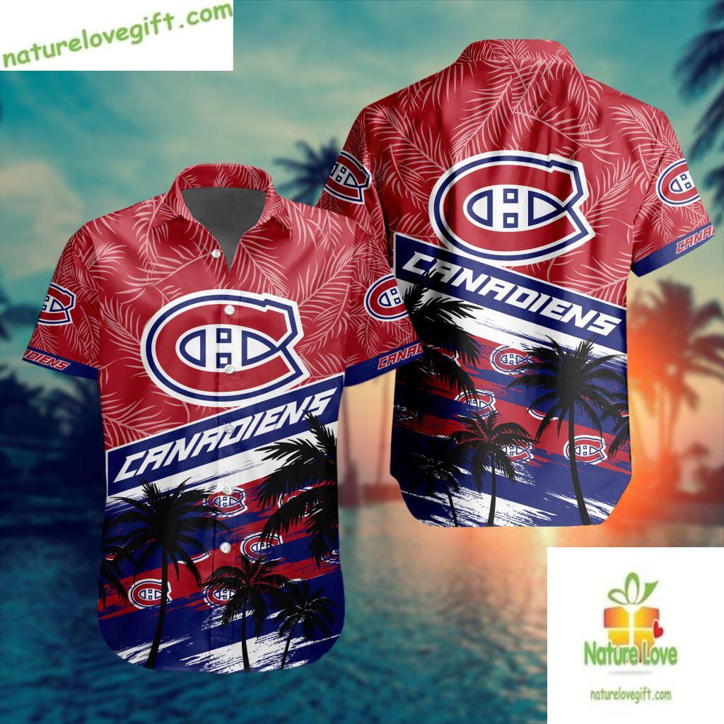 Montreal Canadiens Hawaiian Palm Tree Button Up Aloha - Adult & Kids T-Shirts, Sweatshirts & Hoodies apparel design preview 1