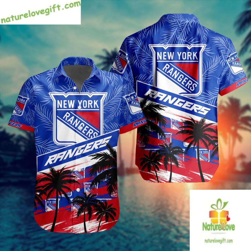 New York Rangers Hawaiian Palm Tree Button Up Aloha - Adult & Kids T-Shirts, Sweatshirts & Hoodies apparel design preview 1