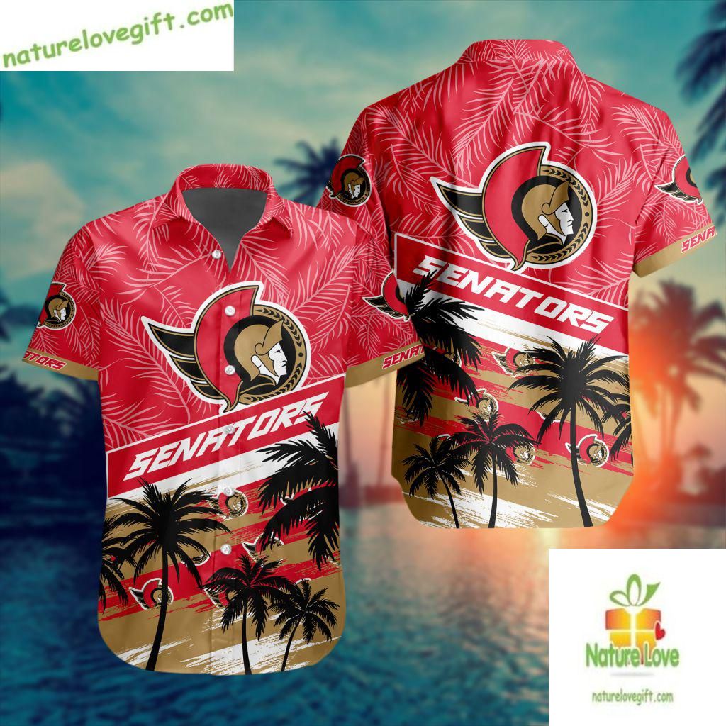 Ottawa Senators Hawaiian Palm Tree NHL Button Up - Adult & Kids T-Shirts, Sweatshirts & Hoodies apparel design preview 1