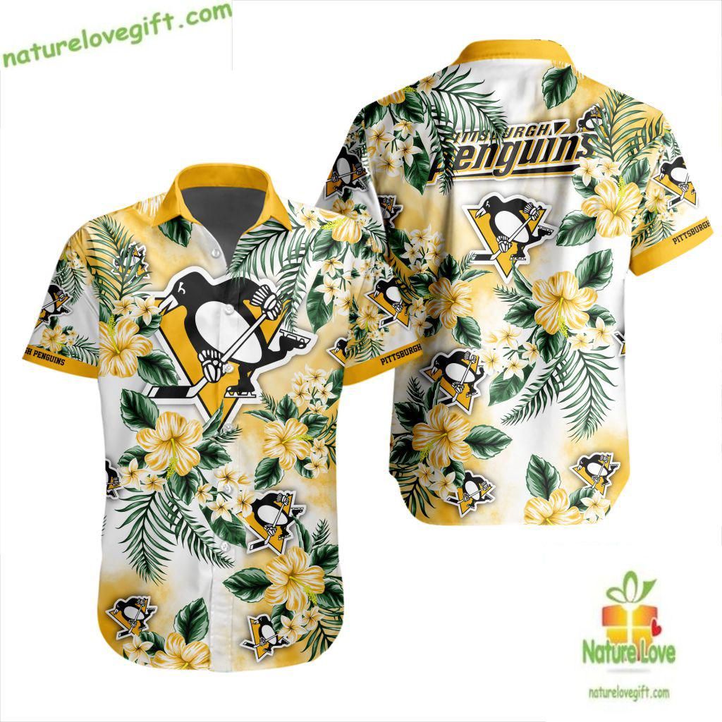 Pittsburgh Penguins Hawaiian Tropical Hockey Button - Adult & Kids T-Shirts, Sweatshirts & Hoodies apparel design preview 1