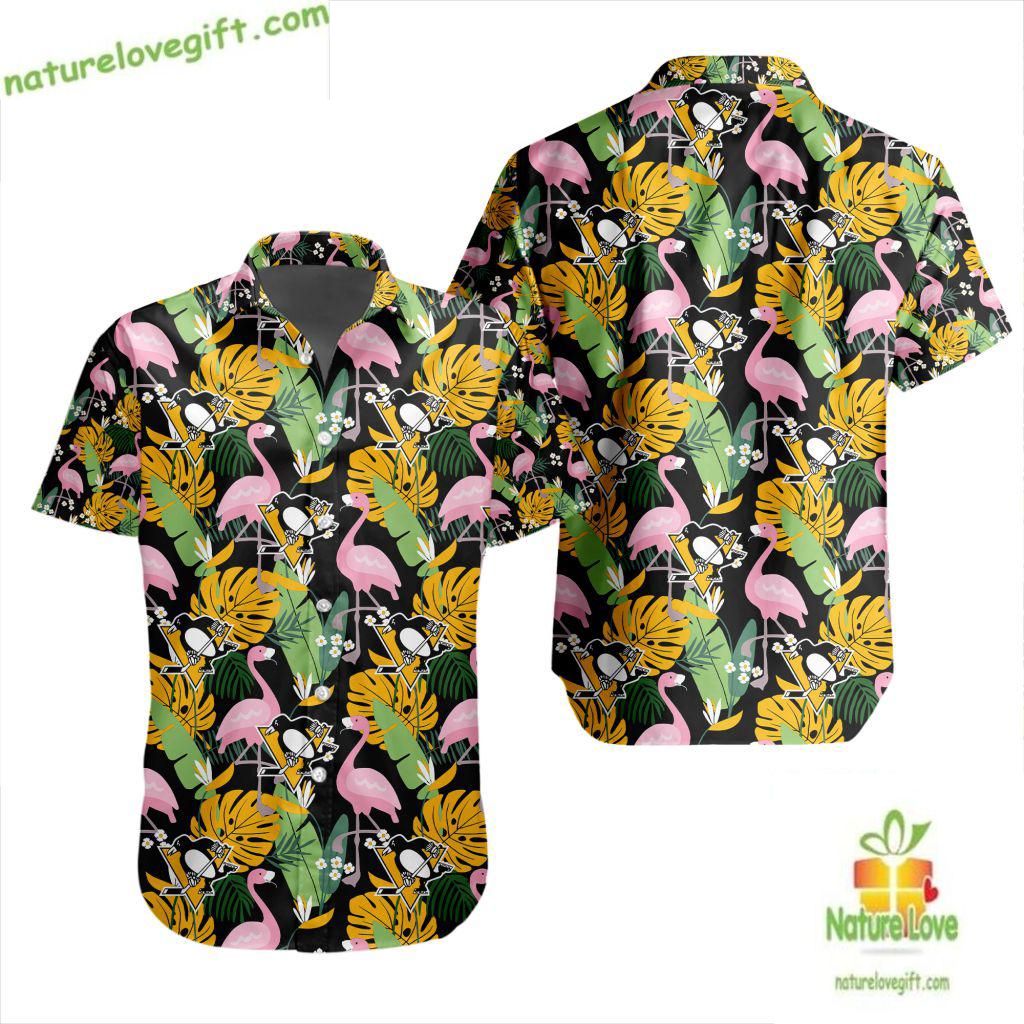 Pittsburgh Penguins Hawaiian Flamingo Button Up - Adult & Kids T-Shirts, Sweatshirts & Hoodies apparel design preview 1