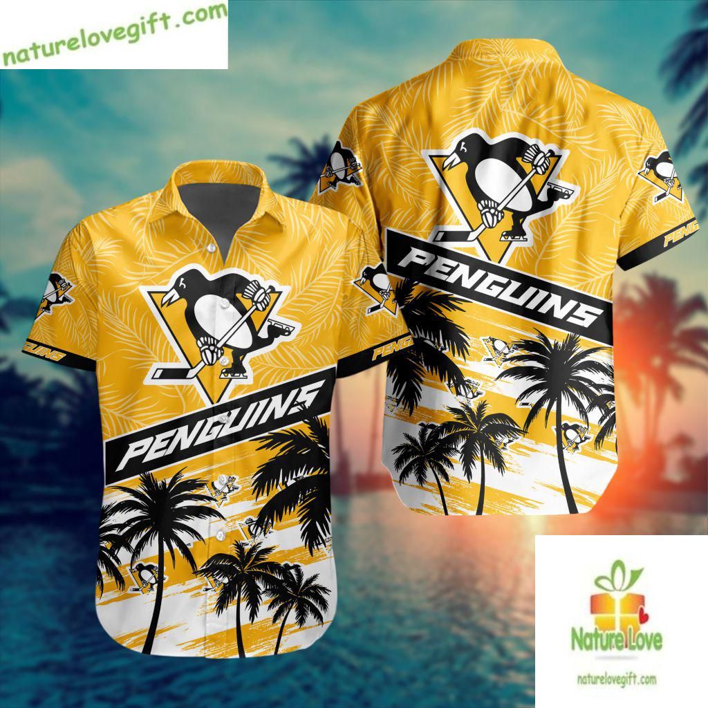 Pittsburgh Penguins Hawaiian Palm Tree Button Up - Adult & Kids T-Shirts, Sweatshirts & Hoodies apparel design preview 1