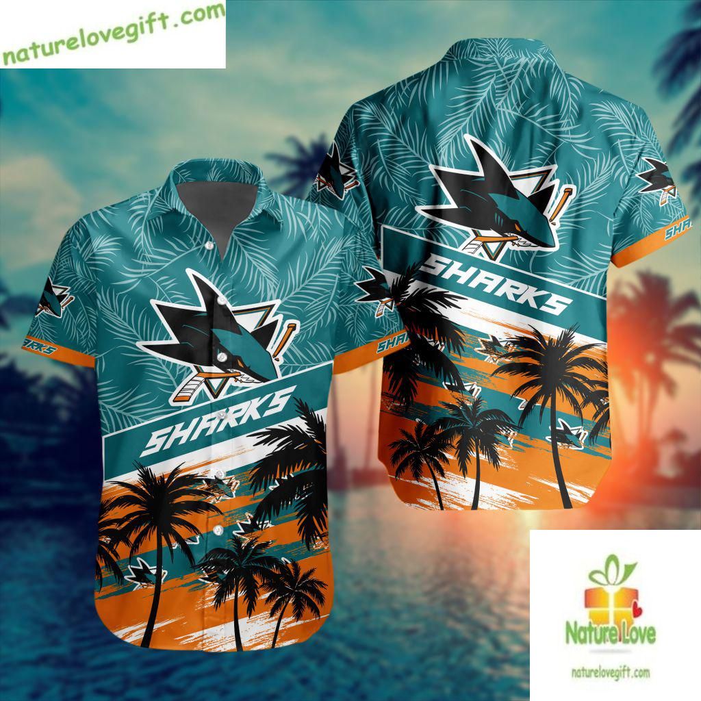 San Jose Sharks Hawaiian Palm Tree Button Up Aloha - Adult & Kids T-Shirts, Sweatshirts & Hoodies apparel design preview 1