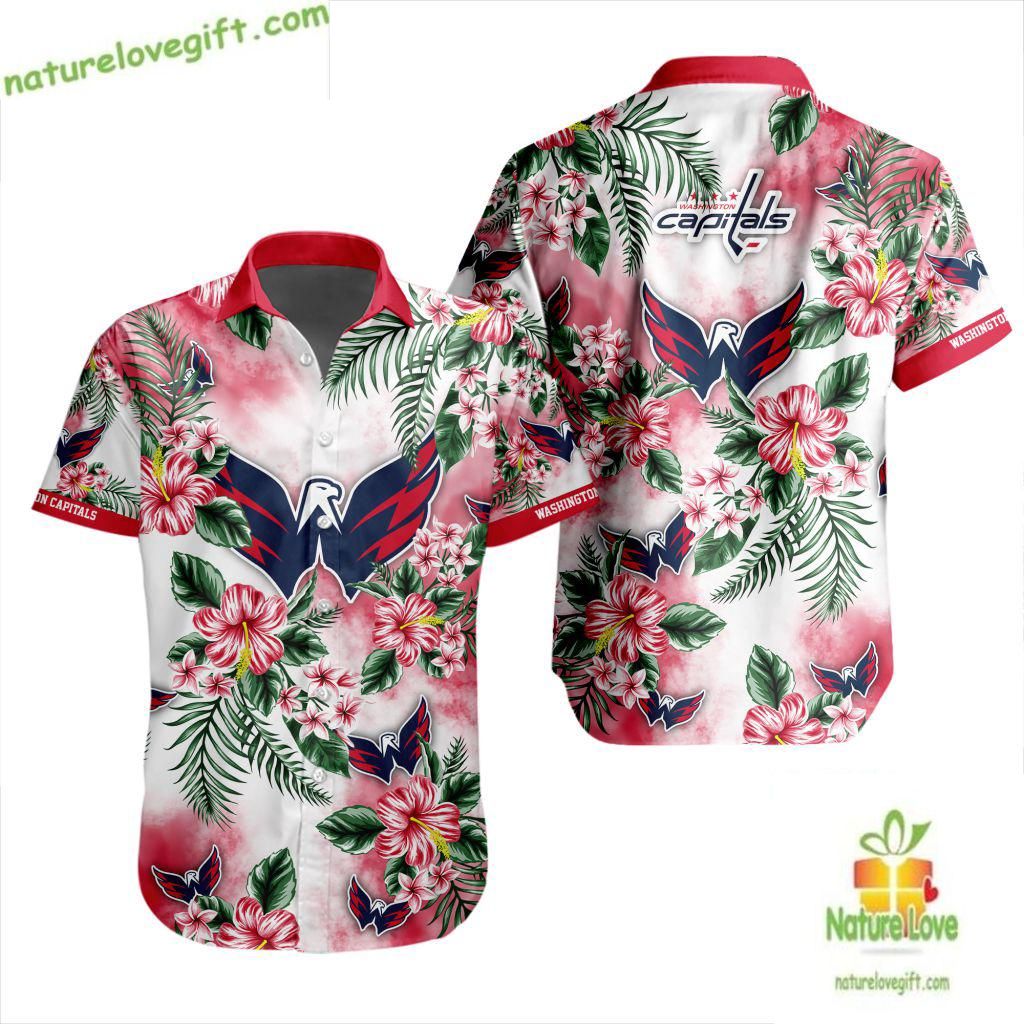 Washington Capitals Hawaiian Tropical Hockey Button - Adult & Kids T-Shirts, Sweatshirts & Hoodies apparel design preview 1