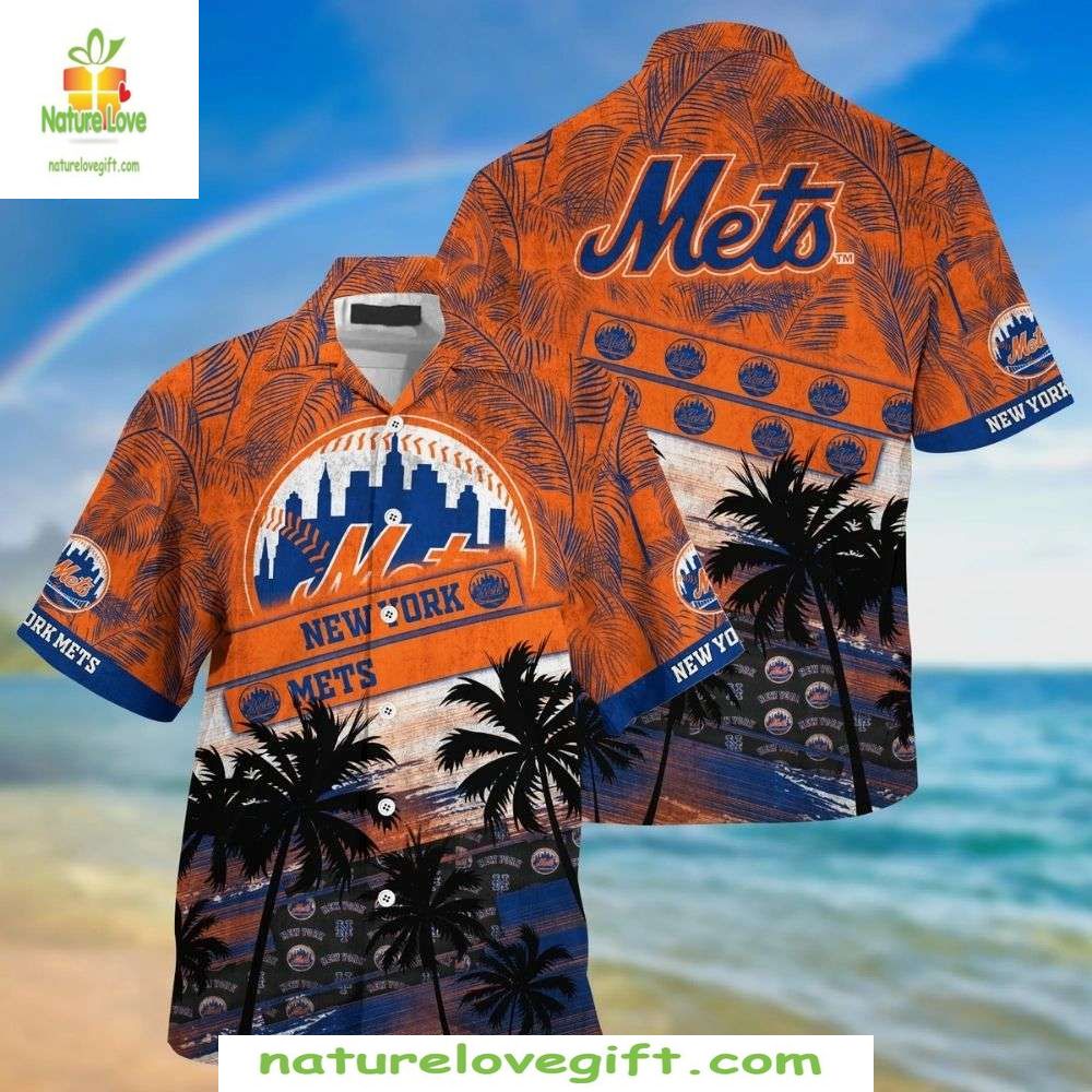 NY Mets Hawaiian Citrus Orange Palms Stylish Baseball - Adult & Kids T-Shirts, Sweatshirts & Hoodies apparel design preview 1