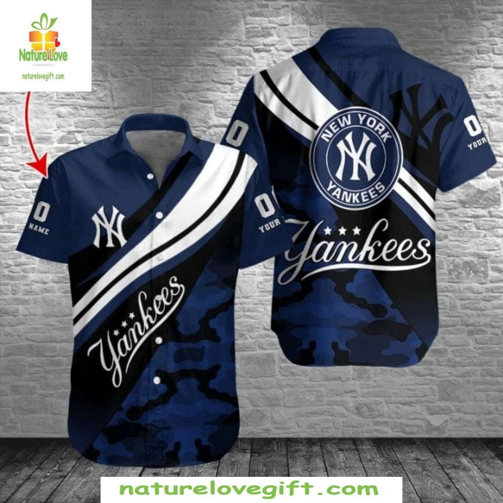 NY Yankees Camo Hawaiian with Stripes MLB Baseball - Adult & Kids T-Shirts, Sweatshirts & Hoodies apparel design preview 1