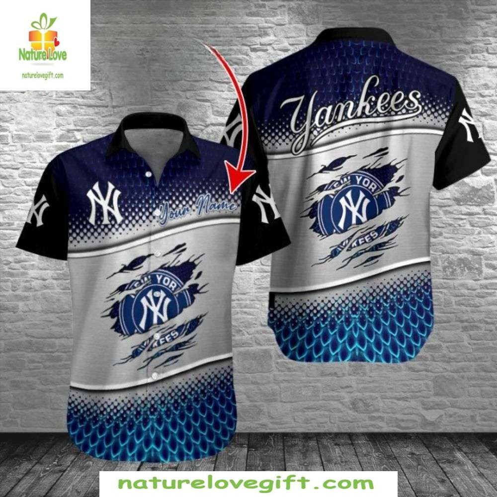 NY Yankees Hawaiian Custom Name Navy Nautical - Adult & Kids T-Shirts, Sweatshirts & Hoodies apparel design preview 1