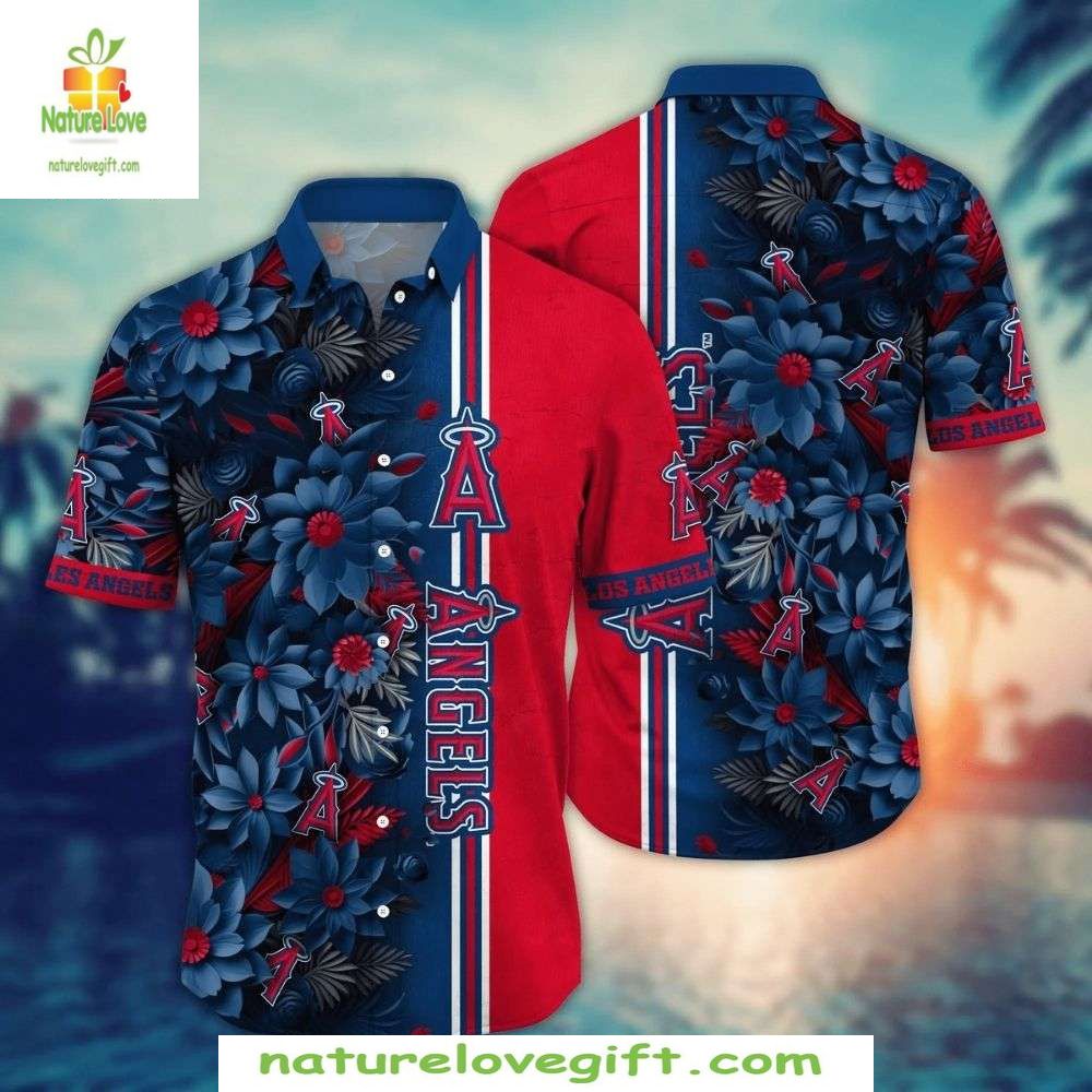 LA Angels Hawaiian Navy Red Floral Team Logo Stripes - Adult & Kids T-Shirts, Sweatshirts & Hoodies apparel design preview 1