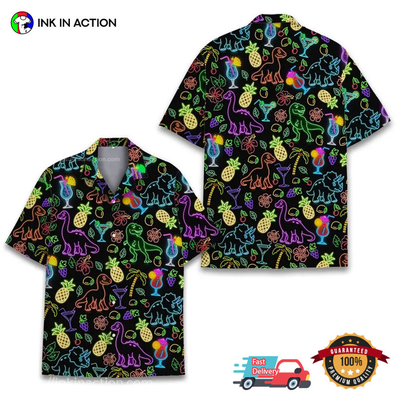 Neon Dinosaur And Cocktail Summer Time Hawaiian - Adult & Kids T-Shirts, Sweatshirts & Hoodies apparel design preview 1