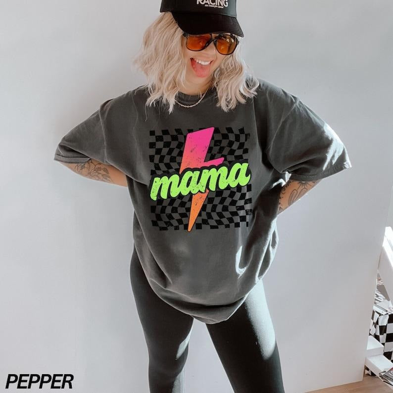 Neon Mama Comfort Colors Checkered Lightning Bolt - Adult & Kids T-Shirts, Sweatshirts & Hoodies apparel design preview 1