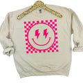 Neon Pink Checkered Happy Face - Adult & Kids T-Shirts, Sweatshirts & Hoodies apparel design preview 1
