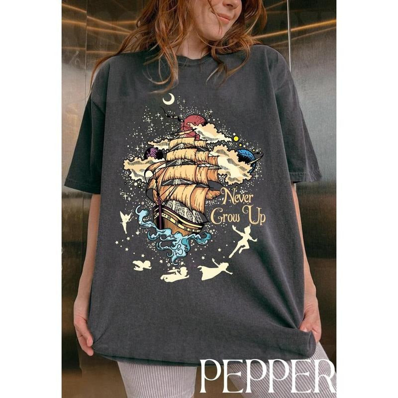 Never Grow Up Comfort Color Peter Pan Tinker Bell - Adult & Kids T-Shirts, Sweatshirts & Hoodies apparel design preview 1