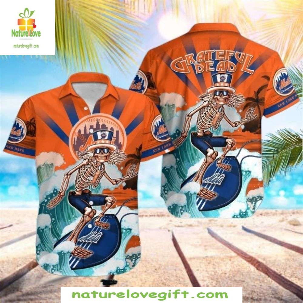 New York Mets Hawaiian Skeleton Wave Rider Aloha - Adult & Kids T-Shirts, Sweatshirts & Hoodies apparel design preview 1