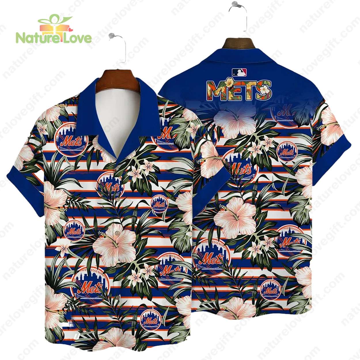 New York Mets Hibiscus Tropical Flowers Stripe MLB - Adult & Kids T-Shirts, Sweatshirts & Hoodies apparel design preview 1
