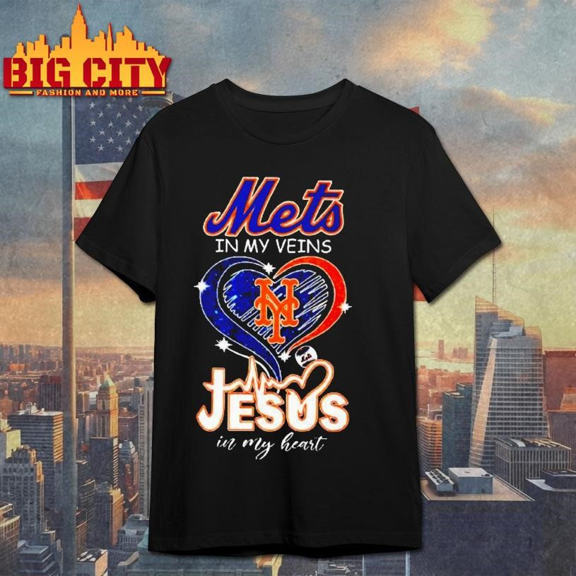 New York Mets In My Veins And Jesus Heart Christian - Adult & Kids T-Shirts, Sweatshirts & Hoodies apparel design preview 1