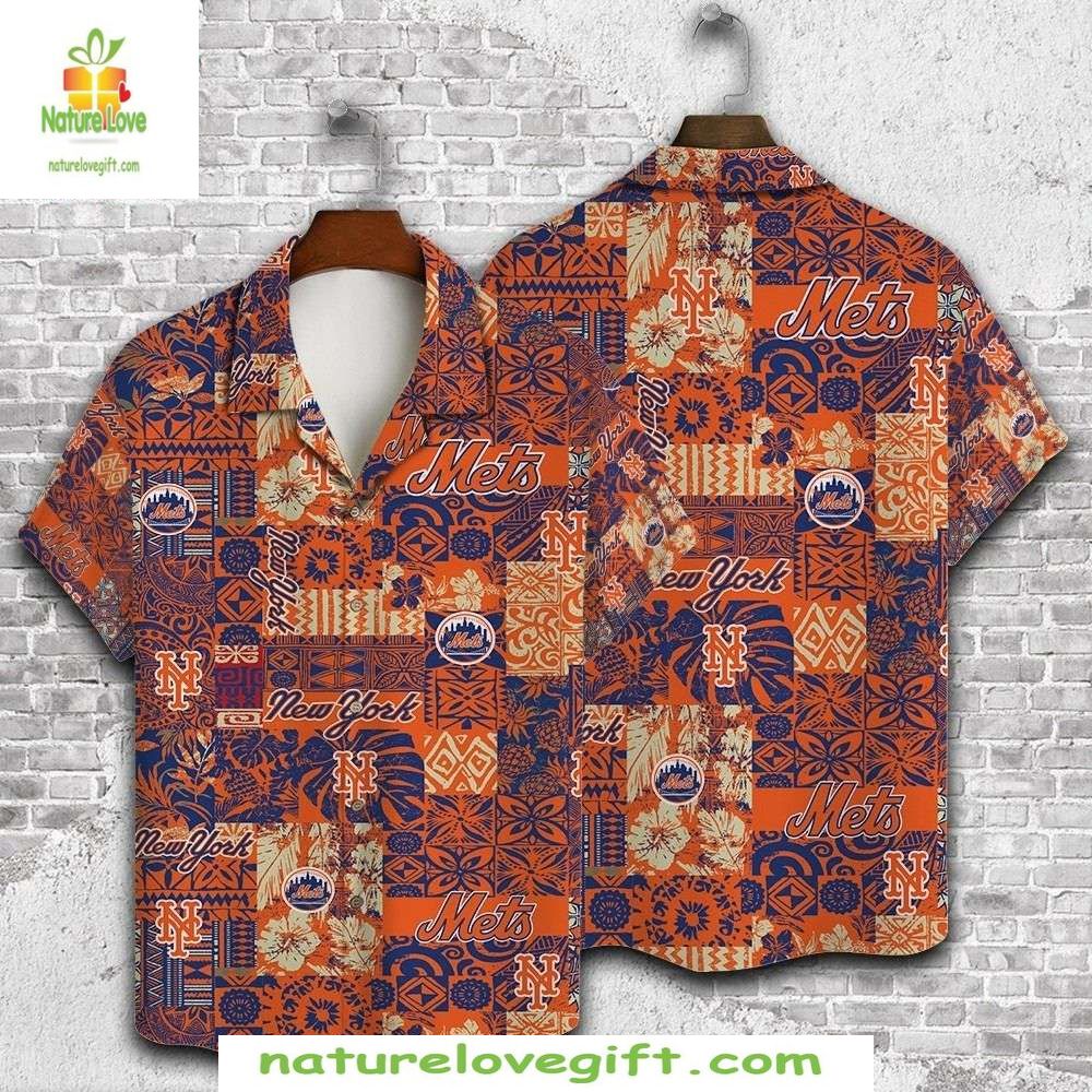 New York Mets Hawaiian Tribal Fusion Orange MLB - Adult & Kids T-Shirts, Sweatshirts & Hoodies apparel design preview 1