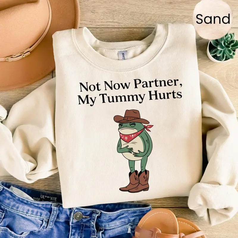 Not Now Partner My Tummy Hurts Meme Funny Dumb Cowboy - Adult & Kids T-Shirts, Sweatshirts & Hoodies apparel design preview 1
