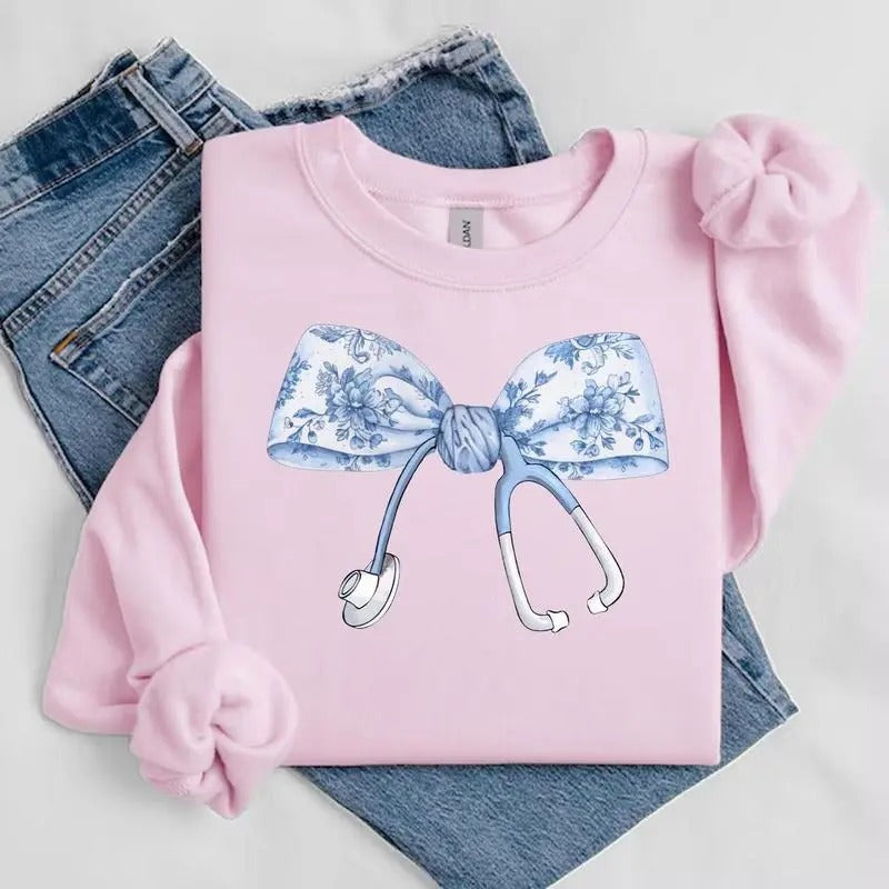 Nurse Coquette Toile Bow RN Stethoscope Nursing - Adult & Kids T-Shirts, Sweatshirts & Hoodies apparel design preview 1