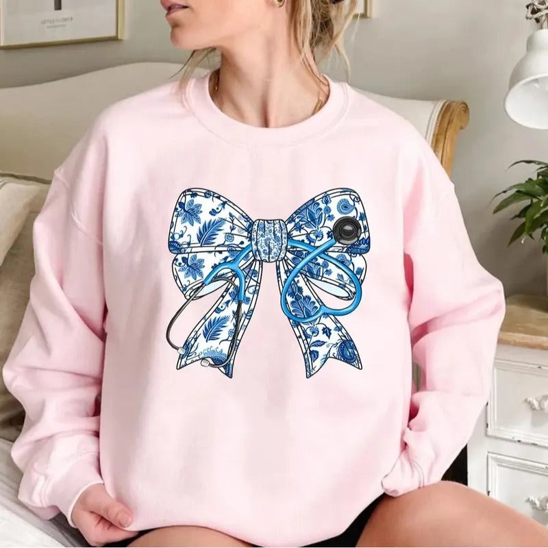 Nurse Stethoscope Bow Blue Ribbon Nurses Life Her Him - Adult & Kids T-Shirts, Sweatshirts & Hoodies apparel design preview 1