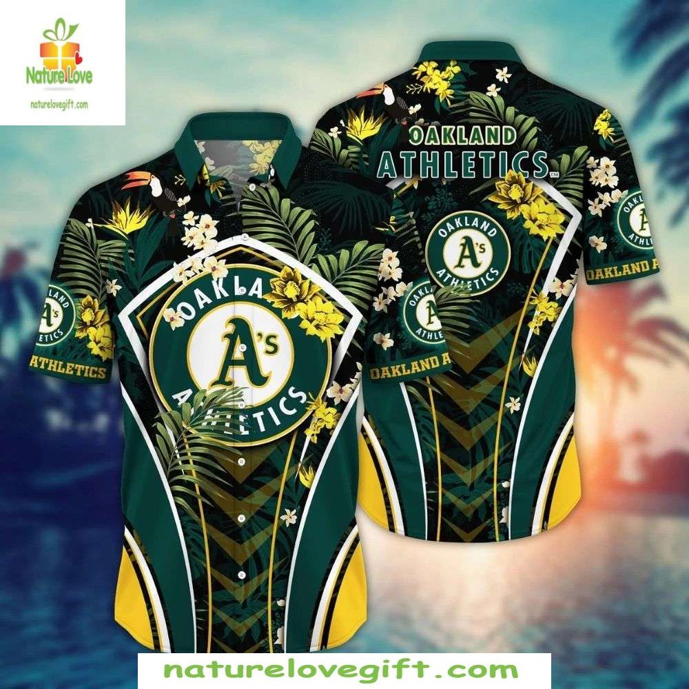 Oakland A's Green Hawaiian Floral Emblem MLB Baseball - Adult & Kids T-Shirts, Sweatshirts & Hoodies apparel design preview 1