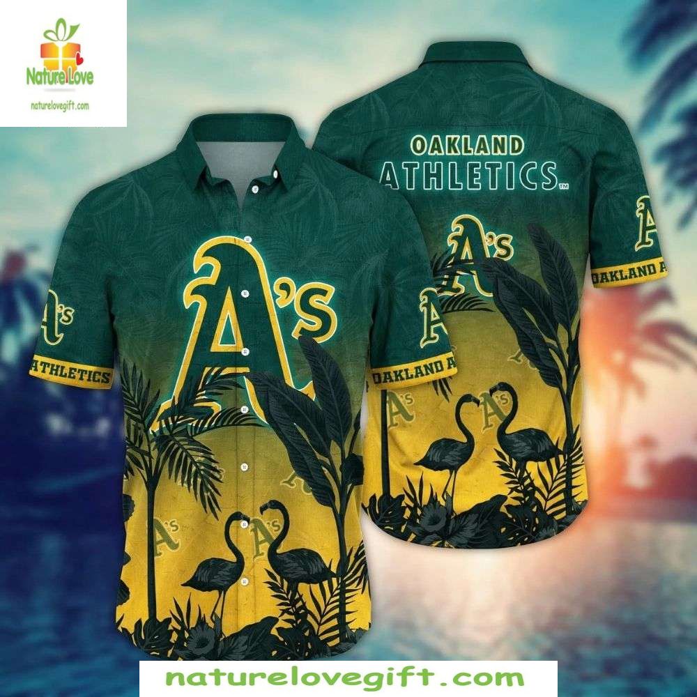 Oakland Athletics MLB Hawaiian Flamingo Sunset Green - Adult & Kids T-Shirts, Sweatshirts & Hoodies apparel design preview 1