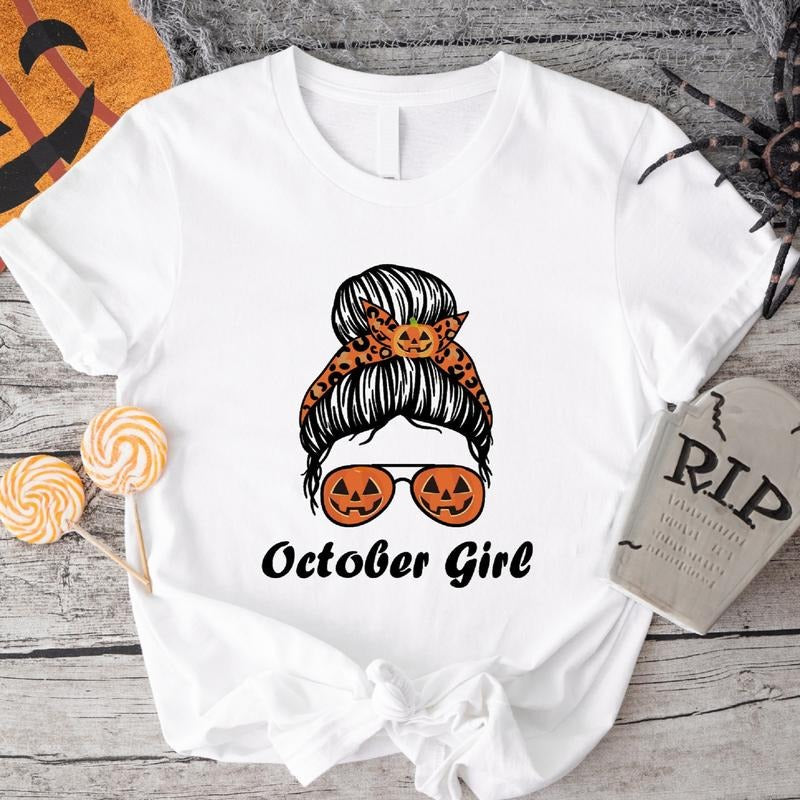 October Girl Messy Bun Glasses Halloween Party Fall - Adult & Kids T-Shirts, Sweatshirts & Hoodies apparel design preview 1