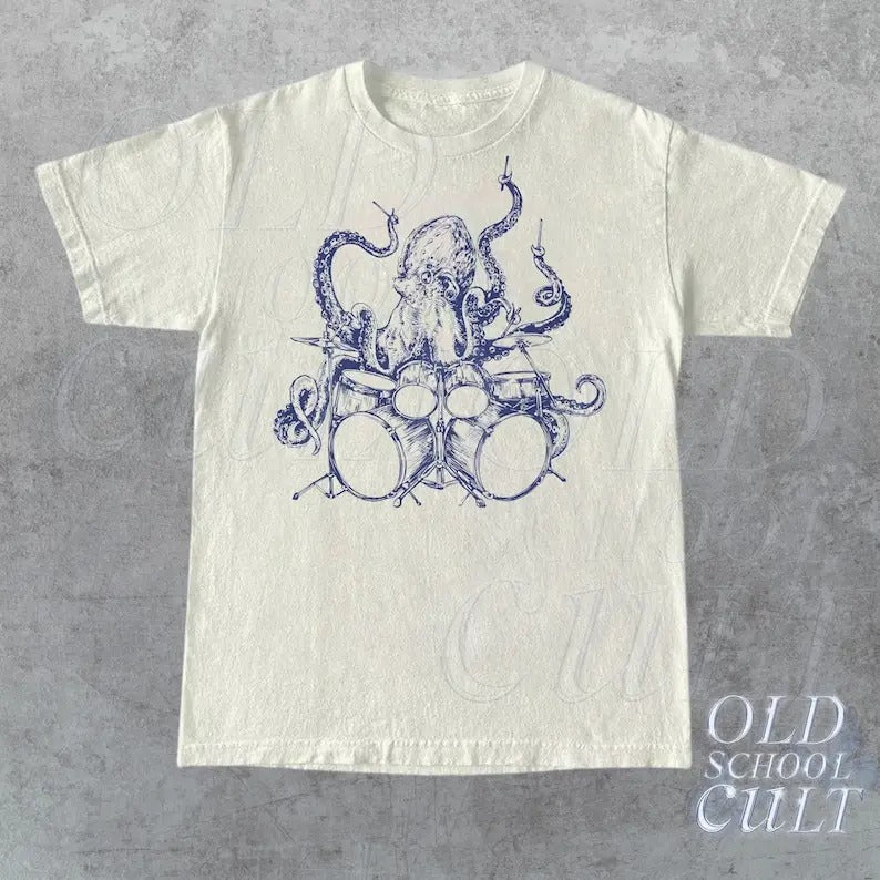 Octopus Playing Drums Retro Vintage Tattoo Funny 90s - Adult & Kids T-Shirts, Sweatshirts & Hoodies apparel design preview 1